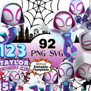Puede incluir: Gráfico digital con múltiples ilustraciones de un personaje de superhéroe con un disfraz blanco y morado. La imagen incluye los números "123" y "92", junto con el texto "PNG SVG" y "TAYLOR BIRTHDAY GIRL 5".