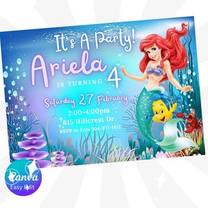 Faire-part d'anniversaire de petite sirène, faire-part de fête modifiable Ariel, faire-part imprimable princesse petite sirène ou evite