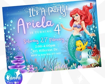 Little Mermaid Birthday invitation, Editable Ariel Party Invitation, Princess Little mermaid Printable Invitation or evite