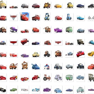 May include: A grid of toy cars, primarily featuring characters from the animated film "Cars." The images display a variety of car designs, colours, and styles, including Lightning McQueen and Mater. The cars are arranged in a grid.