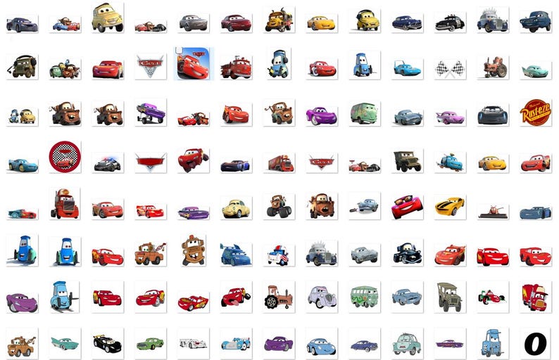 May include: A grid of toy cars, primarily featuring characters from the animated film "Cars." The images display a variety of car designs, colours, and styles, including Lightning McQueen and Mater. The cars are arranged in a grid.