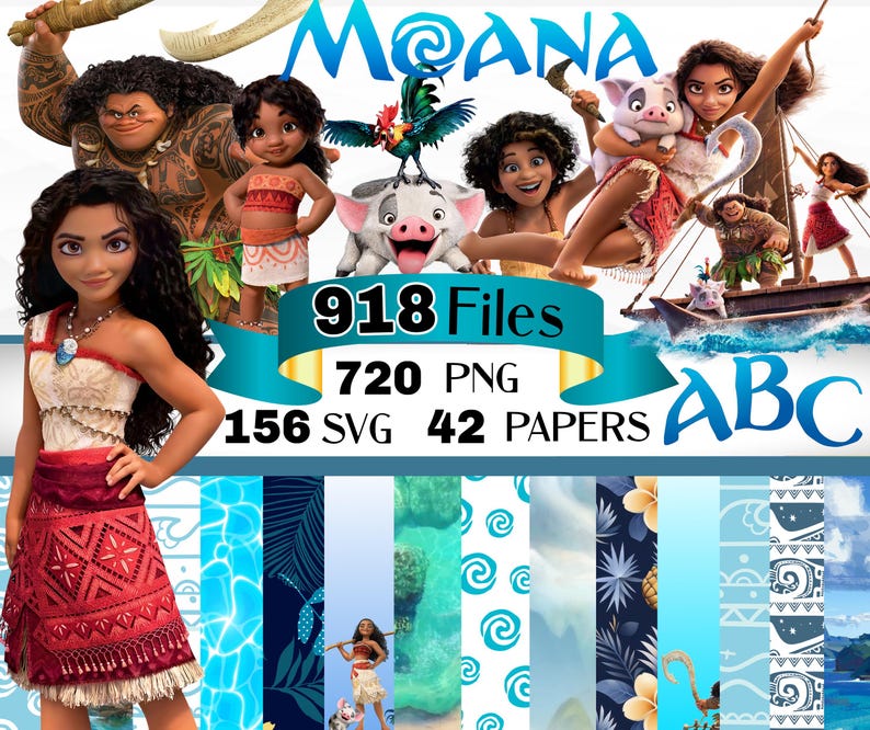 May include: A digital paper pack featuring Moana characters from the Disney movie. The pack includes 918 files, 720 PNG files, 156 SVG files, and 42 digital papers. The digital papers feature blue, white, and teal colours with various patterns.