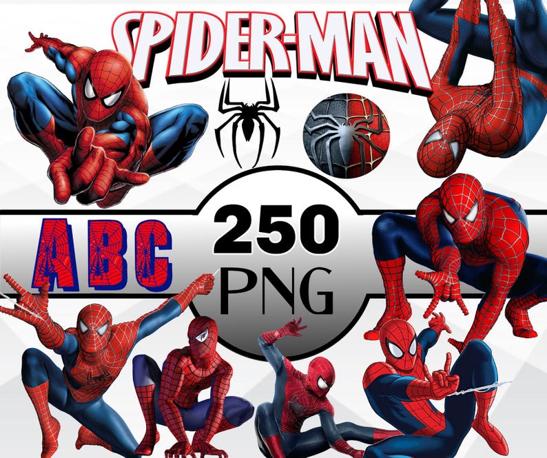 May include: A collection of 250 PNG images featuring Spider-Man in various poses. The images include a red and blue Spider-Man costume with a spider logo on the chest. The text "ABC" and "250 PNG" are also included in the image.