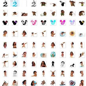 May include: A collection of digital images featuring a cartoon character from the animated film Moana. The images include the character in various poses and settings, including a tropical island, a boat, and a wave. The character is wearing a brown skirt and a flower in her hair. The images are in a grid format and are suitable for use in crafts, scrapbooking, or digital design.