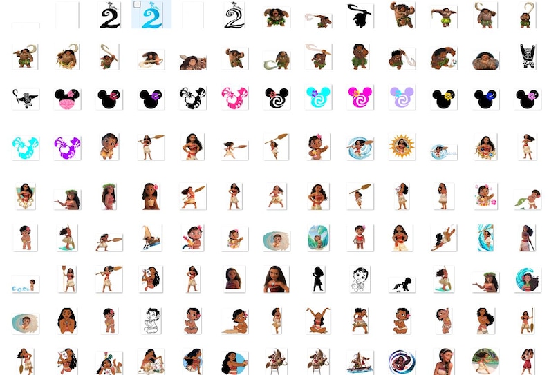 May include: A collection of digital images featuring a cartoon character from the animated film Moana. The images include the character in various poses and settings, including a tropical island, a boat, and a wave. The character is wearing a brown skirt and a flower in her hair. The images are in a grid format and are suitable for use in crafts, scrapbooking, or digital design.