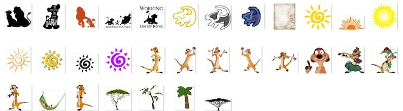 May include: A collection of images featuring characters and symbols from the animated films The Lion King and Madagascar. The images include the Lion King logo, Simba, Timon, Pumbaa, and the sun with a spiral. The Madagascar images include the Madagascar logo, Alex the lion, Marty the zebra, Melman the giraffe, Gloria the hippopotamus, and King Julien.