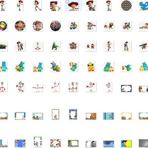 May include: A collection of small, square digital stickers featuring various Toy Story characters, including Woody, Jessie, Buzz Lightyear, Forky, and Ducky and Bunny, alongside decorative rectangular frames and borders with colorful animated movie themes.
