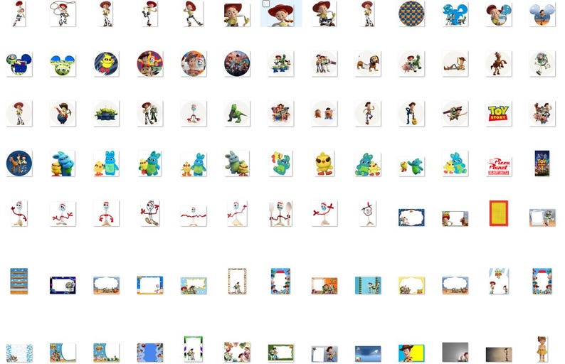 May include: A collection of small, square digital stickers featuring various Toy Story characters, including Woody, Jessie, Buzz Lightyear, Forky, and Ducky and Bunny, alongside decorative rectangular frames and borders with colorful animated movie themes.