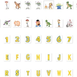May include: A collection of digital stickers featuring various animated characters, including a cowboy, cowgirl, space ranger, dinosaur, pig, potato-shaped figures, and a dog, alongside yellow block letters from A to Z and numbers 0 to 9.