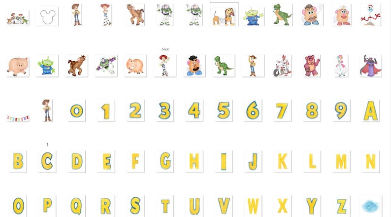May include: A collection of digital stickers featuring various animated characters, including a cowboy, cowgirl, space ranger, dinosaur, pig, potato-shaped figures, and a dog, alongside yellow block letters from A to Z and numbers 0 to 9.