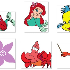 May include: A set of 12 The Little Mermaid themed temporary tattoos. The tattoos feature Ariel, Flounder, Sebastian, and other characters from the movie. The tattoos are perfect for adding a touch of Disney magic to any occasion.