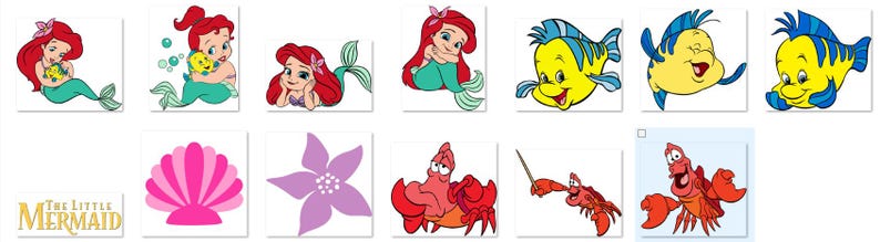 May include: A set of 12 The Little Mermaid themed temporary tattoos. The tattoos feature Ariel, Flounder, Sebastian, and other characters from the movie. The tattoos are perfect for adding a touch of Disney magic to any occasion.
