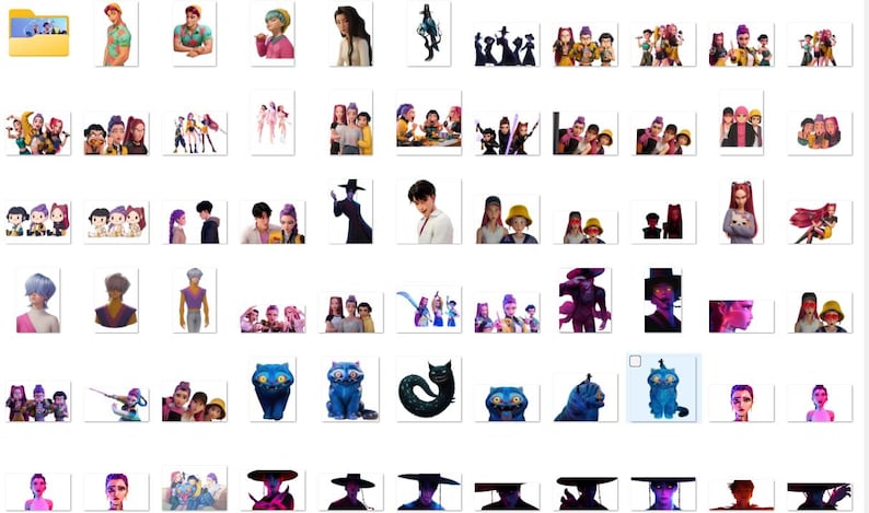 May include: A collection of various digital illustrations featuring characters and objects. The images showcase a diverse range of styles and subjects, including stylized figures, animals, and abstract designs. The color palettes vary, with some images using vibrant hues and others employing more muted tones.