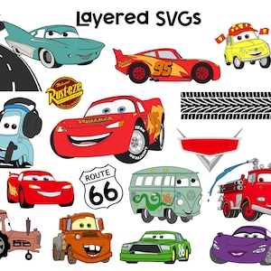 May include: A selection of cartoon car illustrations in various colours, including a red race car with the number 95, a green VW bus, and a purple sports car. The text "Layered SVGs" is at the top.