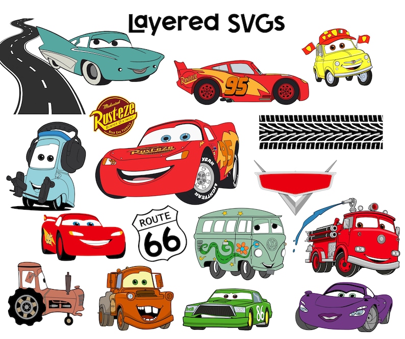 May include: A selection of cartoon car illustrations in various colours, including a red race car with the number 95, a green VW bus, and a purple sports car. The text "Layered SVGs" is at the top.
