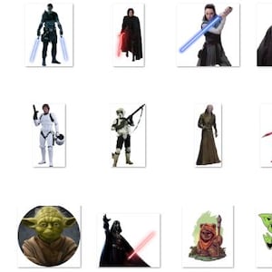May include: A collection of Star Wars characters and objects, including Yoda, Darth Vader, R2-D2, and a TIE fighter. The characters are depicted in various poses and expressions, and the objects are shown in detail.