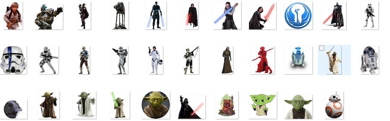 May include: A collection of Star Wars characters and objects, including Yoda, Darth Vader, R2-D2, and a TIE fighter. The characters are depicted in various poses and expressions, and the objects are shown in detail.