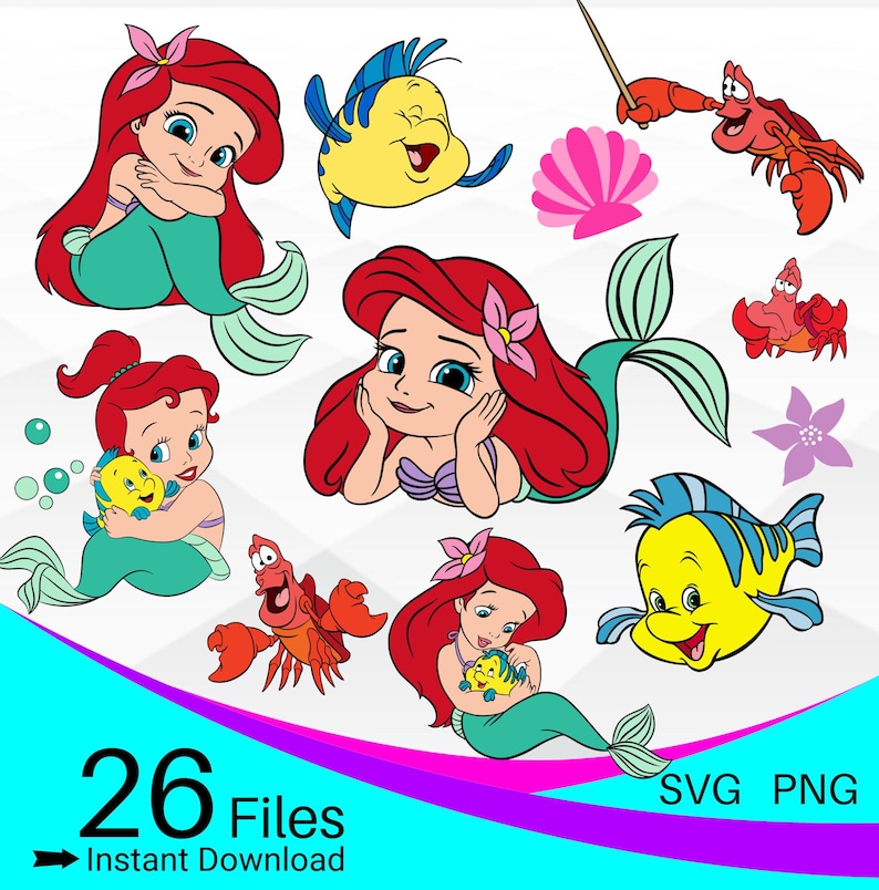 May include: A set of 26 digital files featuring various illustrations of a baby mermaid with red hair, a yellow fish, a crab, and a seashell. The files are available for instant download in SVG and PNG formats.