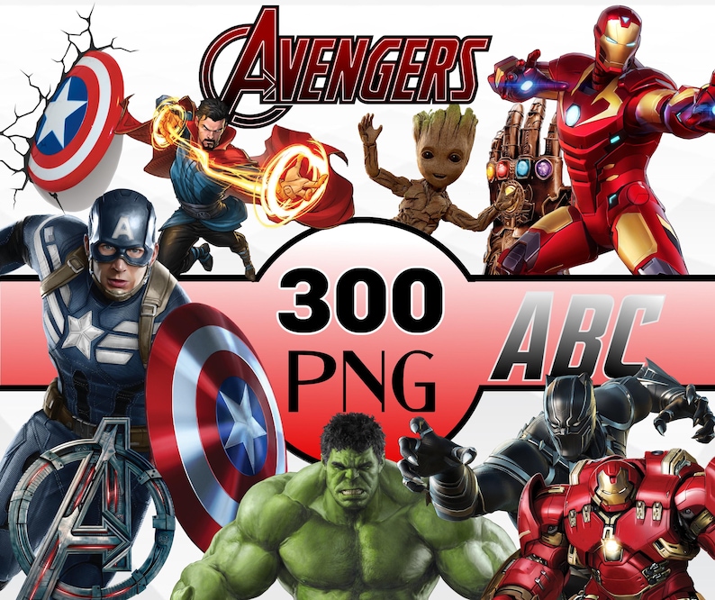 May include: A collage of Avengers characters, including Captain America, Iron Man, Hulk, Thor, Black Panther, and Doctor Strange. The image includes the text "Avengers" and "300 PNG".