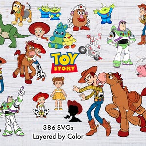 May include: A collection of Toy Story character illustrations including Woody, Buzz Lightyear, Jessie, Bullseye, Rex, Slinky Dog, and the Aliens. The graphic features the Toy Story logo, 386 SVGs Layered by Color text, and various colorful cartoon figures.