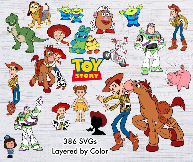 May include: A collection of Toy Story character illustrations including Woody, Buzz Lightyear, Jessie, Bullseye, Rex, Slinky Dog, and the Aliens. The graphic features the Toy Story logo, 386 SVGs Layered by Color text, and various colorful cartoon figures.