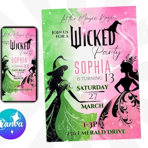 Wicked Geburtstagseinladung, Wicked Partyeinladung, Elphaba Glinda Geburtstag einladen, Wicked Einladung zum Ausdrucken oder Texten