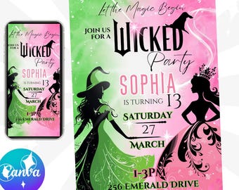 Wicked Birthday invitation, Editable Wicked Party Invitation, Elphaba Glinda Birthday Invite, Wicked Invitation to print or text