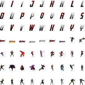 May include: A set of alphabet letters in red and black with a white background. Below the letters are images of various Marvel characters, including Captain America, Iron Man, Thor, and Black Widow. The word "MARVEL" is also included in the image.