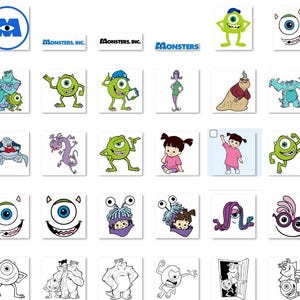 Op de afbeelding: Een verzameling kleurrijke cartoonafbeeldingen met personages uit de film Monsters Inc. De afbeeldingen bevatten Sully, Mike, Boo en andere personages uit de film. De afbeeldingen zijn in verschillende poses en uitdrukkingen.