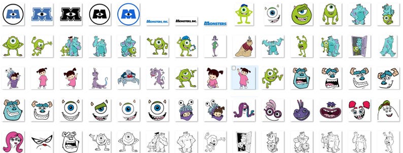 Op de afbeelding: Een verzameling kleurrijke cartoonafbeeldingen met personages uit de film Monsters Inc. De afbeeldingen bevatten Sully, Mike, Boo en andere personages uit de film. De afbeeldingen zijn in verschillende poses en uitdrukkingen.