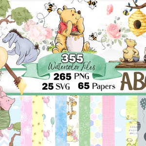 Winnie the Pooh Watercolor Clipart Bundle, Classic Pooh SVG, Watercolor Winnie png and papers, Hand drawn Tigger pigle with flowers bees