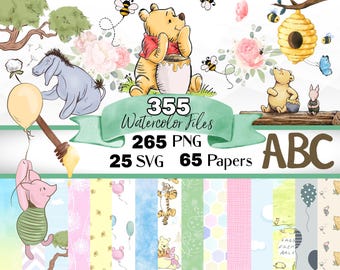 Winnie the Pooh Watercolor Clipart Bundle, Classic Pooh SVG, Watercolor Winnie png and papers, Hand drawn Tigger pigle with flowers bees