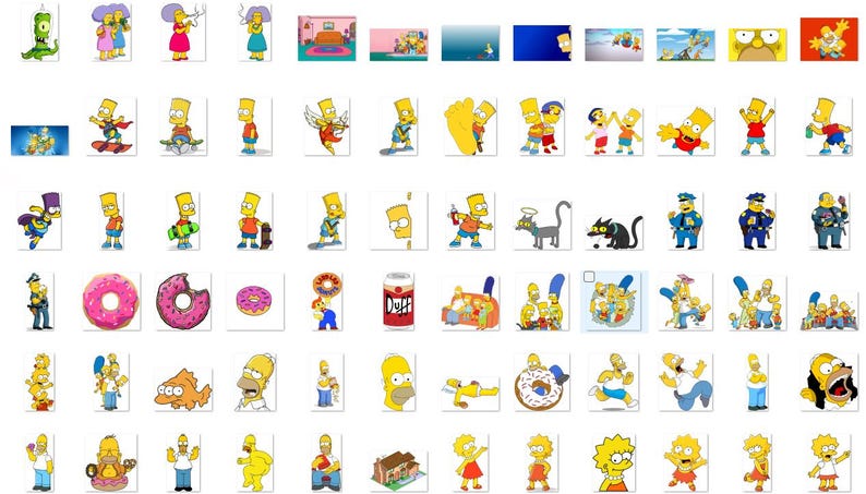 May include: A collection of 100 colorful cartoon stickers featuring the Simpsons characters. The stickers are arranged in a grid pattern and include various characters, scenes, and objects from the show.