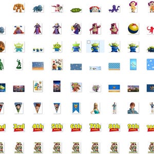 May include: A collection of Toy Story themed digital graphics featuring various character figurines, including aliens, cowboys, and space rangers, alongside colorful birthday banners, numbered age labels, and decorative party icons.