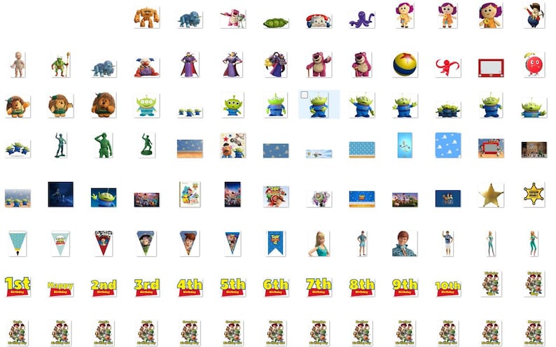 May include: A collection of Toy Story themed digital graphics featuring various character figurines, including aliens, cowboys, and space rangers, alongside colorful birthday banners, numbered age labels, and decorative party icons.