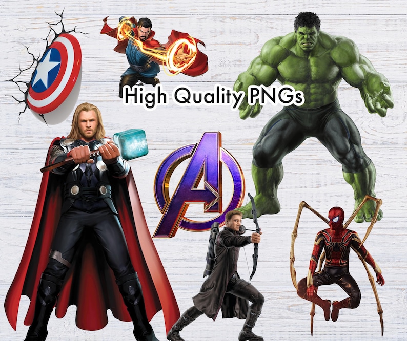 May include: Digital clipart images of various Marvel superheroes, including Thor, Hulk, Doctor Strange, Hawkeye, and Spider-Man. The images are set against a woodgrain background with the text "High Quality PNGs".