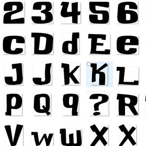 May include: Black and white alphabet font with uppercase and lowercase letters, numbers, and punctuation marks. The font is bold and has a slightly rounded style.