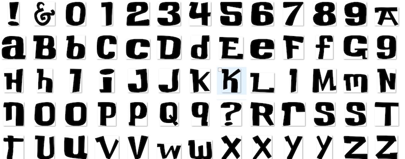 May include: Black and white alphabet font with uppercase and lowercase letters, numbers, and punctuation marks. The font is bold and has a slightly rounded style.