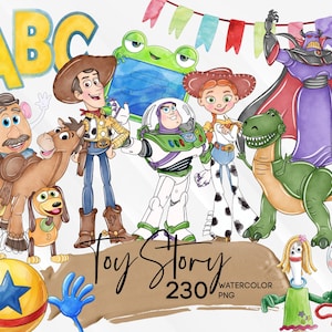 Op de afbeelding: Een digitale illustratie met personages in aquarel-stijl, waaronder Woody, Buzz Lightyear, Jessie, Bullseye, Rex, Mr. Potato Head, Zurg, Slinky Dog, Forky en Ducky. De afbeelding bevat een geel ABC-blok, een bal met een blauwe ster en de tekst Toy Story 230 watercolor PNG.