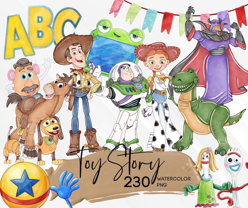 May include: A digital illustration featuring watercolor-style characters including Woody, Buzz Lightyear, Jessie, Bullseye, Rex, Mr. Potato Head, Zurg, Slinky Dog, Forky, and Ducky. The image includes a yellow ABC block, a ball with a blue star, and text reading Toy Story 230 watercolor PNG.