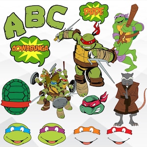 May include: A collection of cartoon illustrations featuring the Teenage Mutant Ninja Turtles. The image includes the turtles in various action poses, along with their signature masks, weapons, and catchphrases like "Cowabunga" and "Dude."
