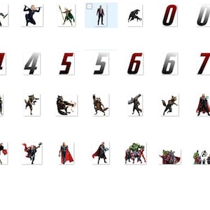 May include: A set of 10 numbered iron-on patches featuring various Marvel characters, including Thor, Rocket Raccoon, and Captain America. The patches are black and white with red accents.