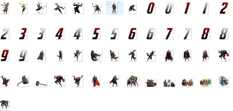 May include: A set of 10 numbered iron-on patches featuring various Marvel characters, including Thor, Rocket Raccoon, and Captain America. The patches are black and white with red accents.