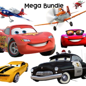 May include: A selection of cartoon vehicles, including a red race car with the number 95, a yellow sports car with black stripes, and a black and white police car with "SHERIFF" on the side. The image also features several airplanes.
