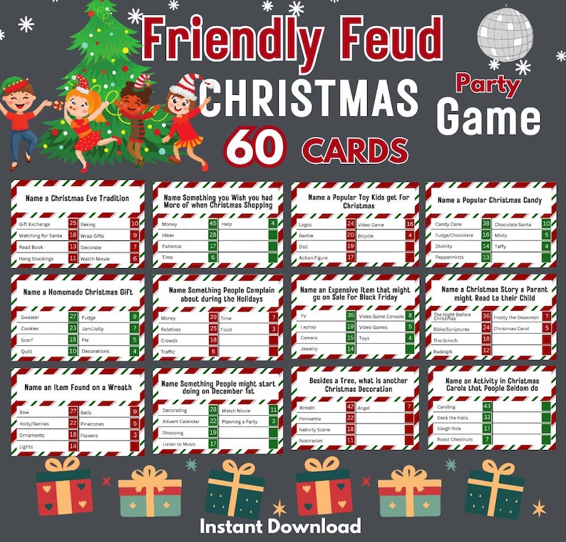 K&ouml;nnte beinhalten: Ein Weihnachts-Partyspiel namens "Friendly Feud" mit 60 Karten. Die Karten haben rote und gr&uuml;ne Streifen mit wei&szlig;em Text. Die Karten enthalten verschiedene Weihnachtsfragen, wie z. B. "Nennen Sie eine Tradition an Heiligabend" und "Nennen Sie eine beliebte Weihnachtss&uuml;&szlig;igkeit".