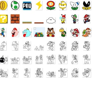 Puede incluir: Una colecci&oacute;n de 80 im&aacute;genes de dibujos animados coloridos y en blanco y negro de personajes y objetos de la franquicia de videojuegos Super Mario Bros. Las im&aacute;genes incluyen a Mario, Luigi, la princesa Peach, Bowser, los Goombas, los Koopa Troopas y m&aacute;s.