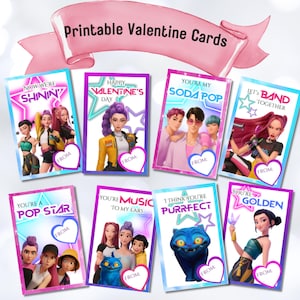 May include: A set of printable Valentine's Day cards with diverse designs and messages. The cards display vibrant illustrations and text, including phrases such as "Happy Valentine's Day" and "Let's Band Together." Each card has a heart-shaped space for "From:"