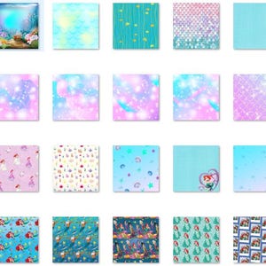 May include: A set of 25 digital paper designs featuring mermaid, ocean, and sea-themed patterns. The designs include various colours, such as blue, green, pink, and purple, and feature different elements like seashells, starfish, and mermaids.