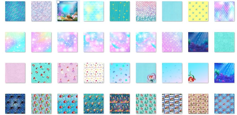 May include: A set of 25 digital paper designs featuring mermaid, ocean, and sea-themed patterns. The designs include various colours, such as blue, green, pink, and purple, and feature different elements like seashells, starfish, and mermaids.