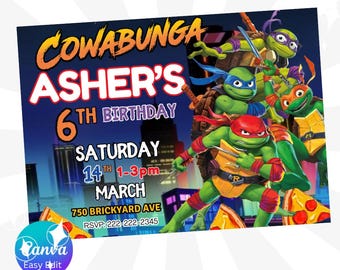 Ninja Turtles Birthday invitation, Editable Mayhem Ninja Turtles Invitation, Pizza Party Printable Invitation or evite